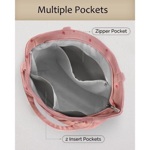 Women Strawberry Corduroy Polyester Lining Shoulder Bag with Zipper And Pockets - Picture 4 of 7